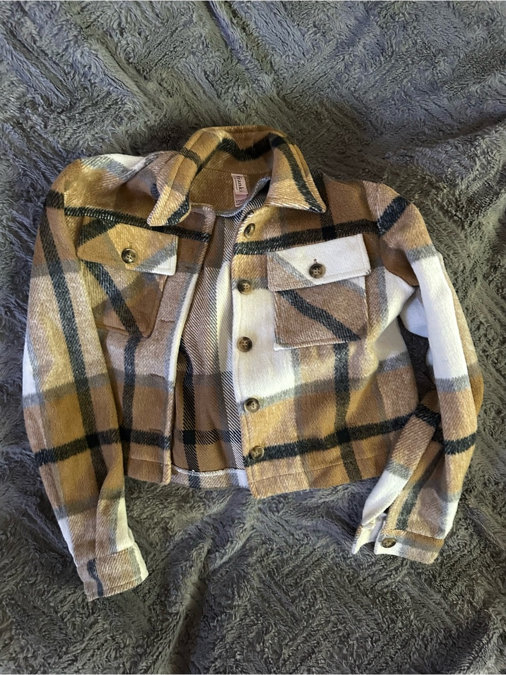 Franki YTH 12 Plaid Shacket Jacket in Camel, Black & Cream
